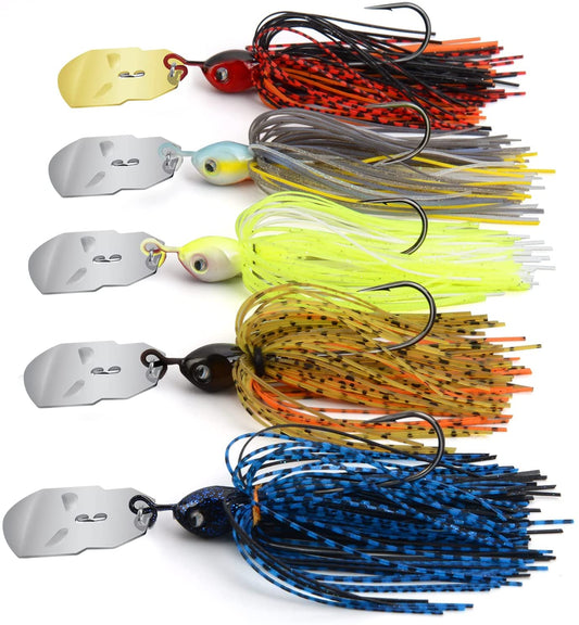 Bladed Jig Fishing Lures, 5 Pc and 3 Pc Multi-Color Kits, Irresistible Vibrating Action, Sticky-Sharp Heavy-Wire Needle Point Hooks, Popular 3/8 Oz and 1/2 Oz Sizes, Includes Storage Box