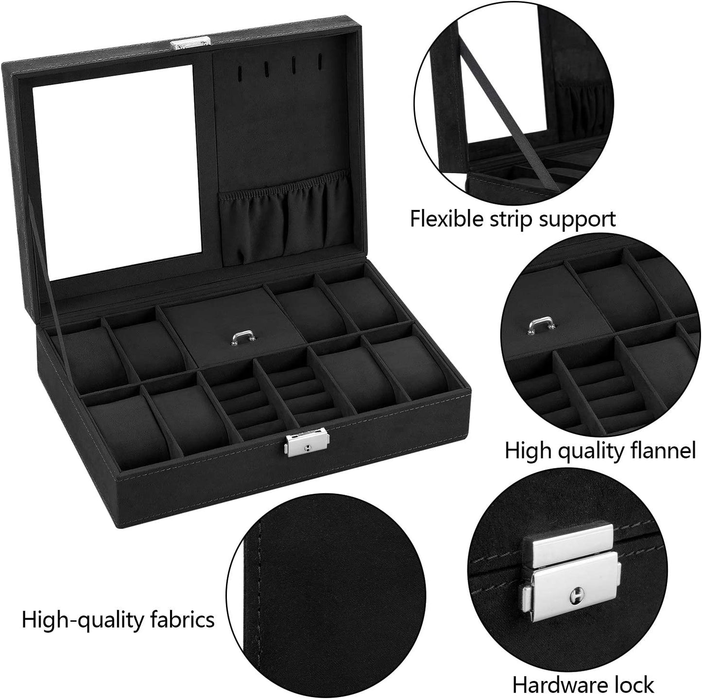 Oyydecor Jewelry Box Watch Box Organizer 8-Slot Storage Watch Organizer Case Jewelry Display Case Organizer with Mirror (Black)
