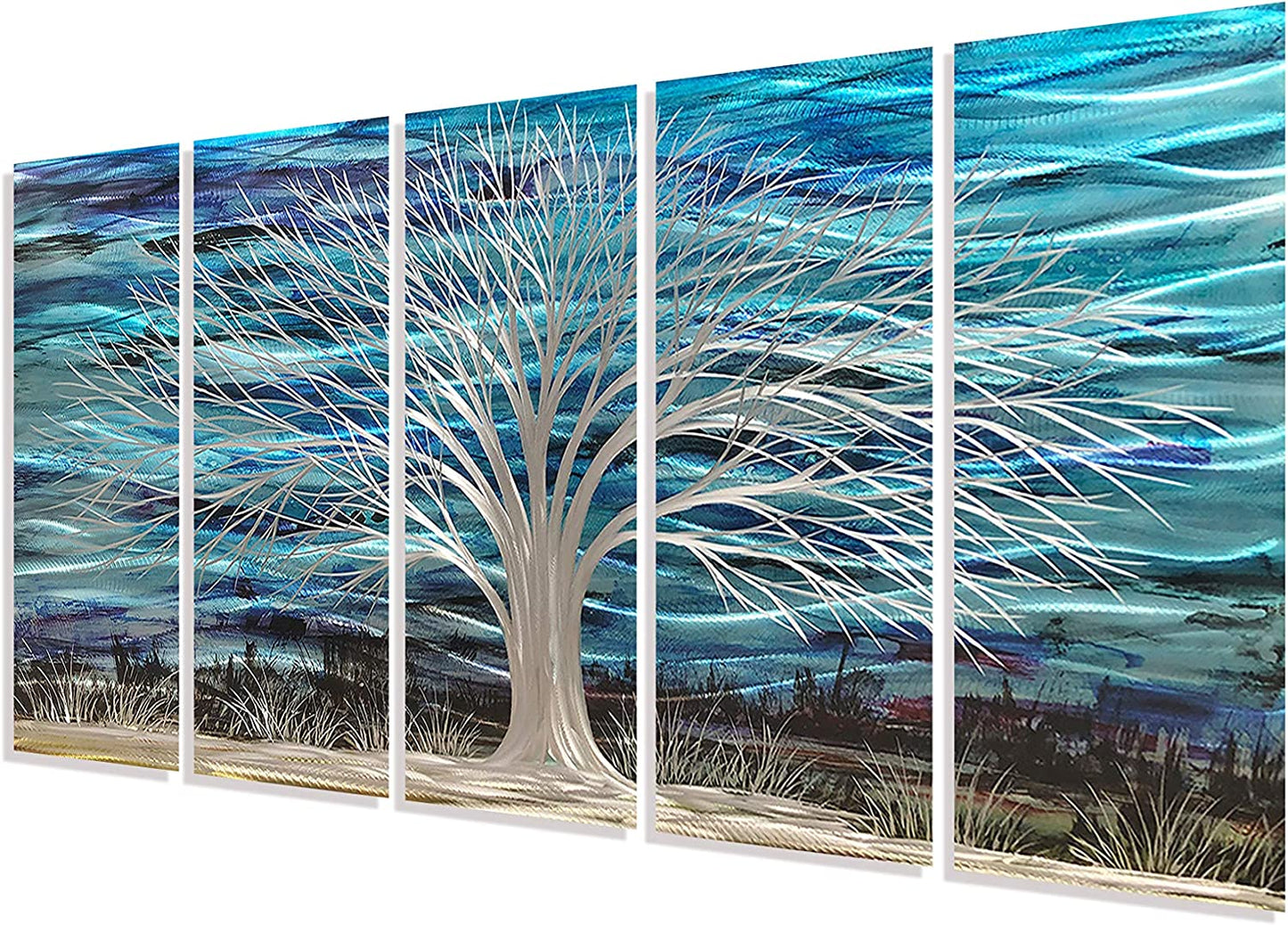 Blue Metal Wall Art Large Modern Artwork 3D Horizontal Sculpture with Bright Silver Tree on Aluminum Abstract Wall Decor 5 Panels Blue Accents for Living Room Bedroom Dining Room Office