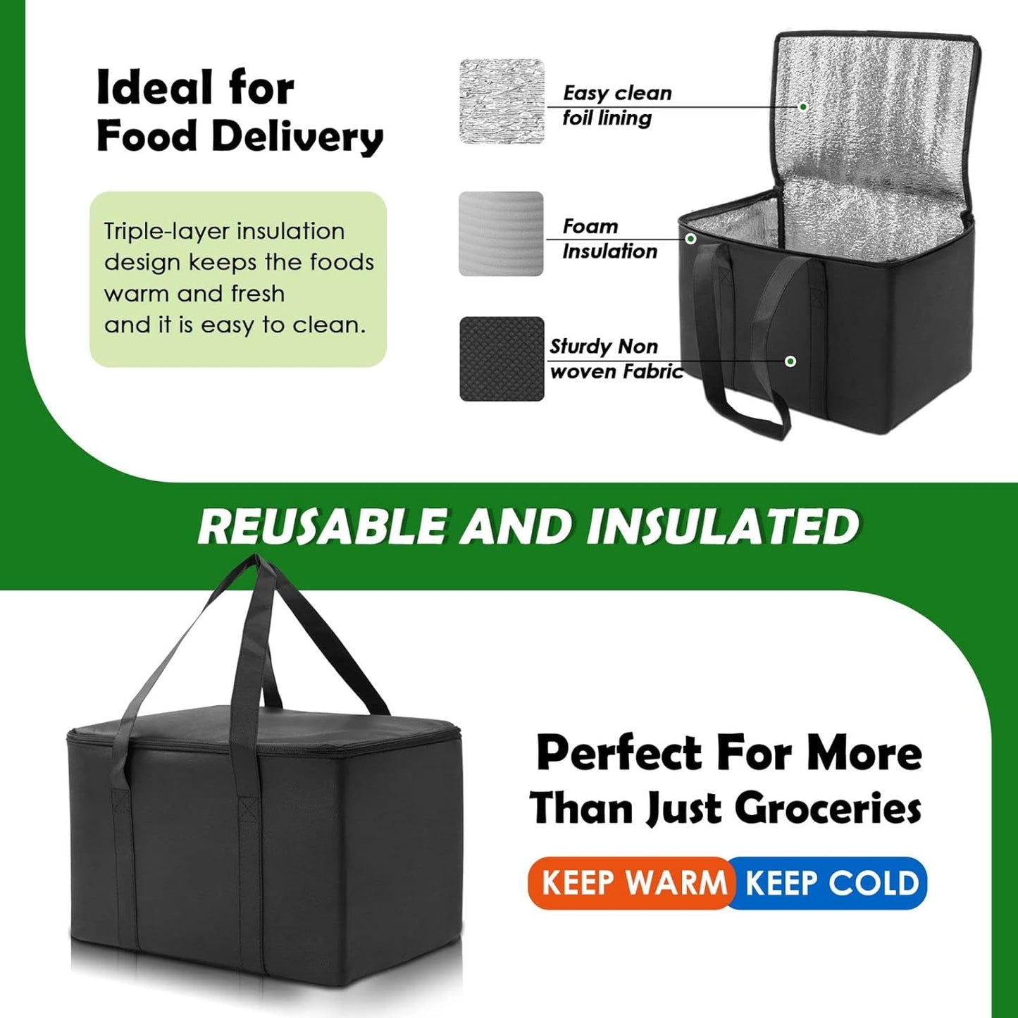 3 Pack Reusable Grocery Bags, Foldable Washable Insulated Shopping Bags for Groceries, Heavy Duty with Reinforced Bottom & Handles (2 Grocery Tote Bags + 1 Insulated Cooler Bag)