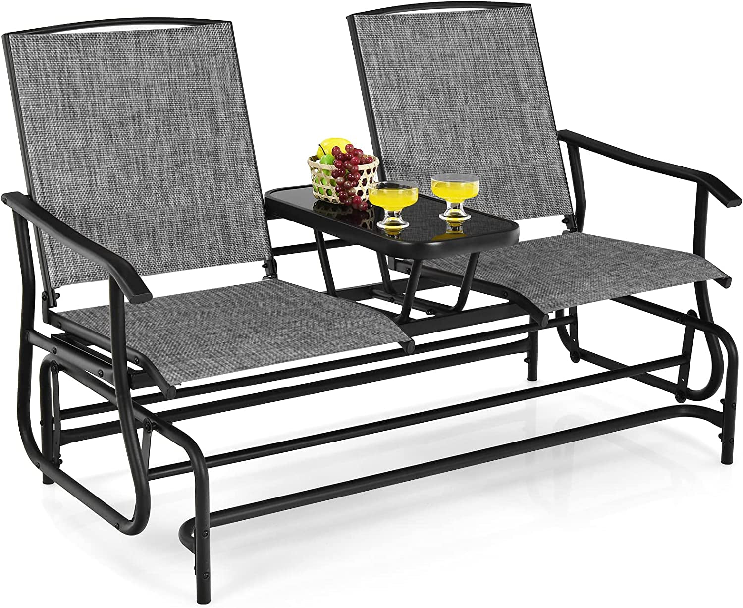 2 Person Swing Glider Chair, Patio Rocking Loveseat W/Center Tempered Glass Table, Outdoor Swing Bench W/Steel Frame & Breathable Mesh Fabric for Porch, Balcony, Poolside (Grey)