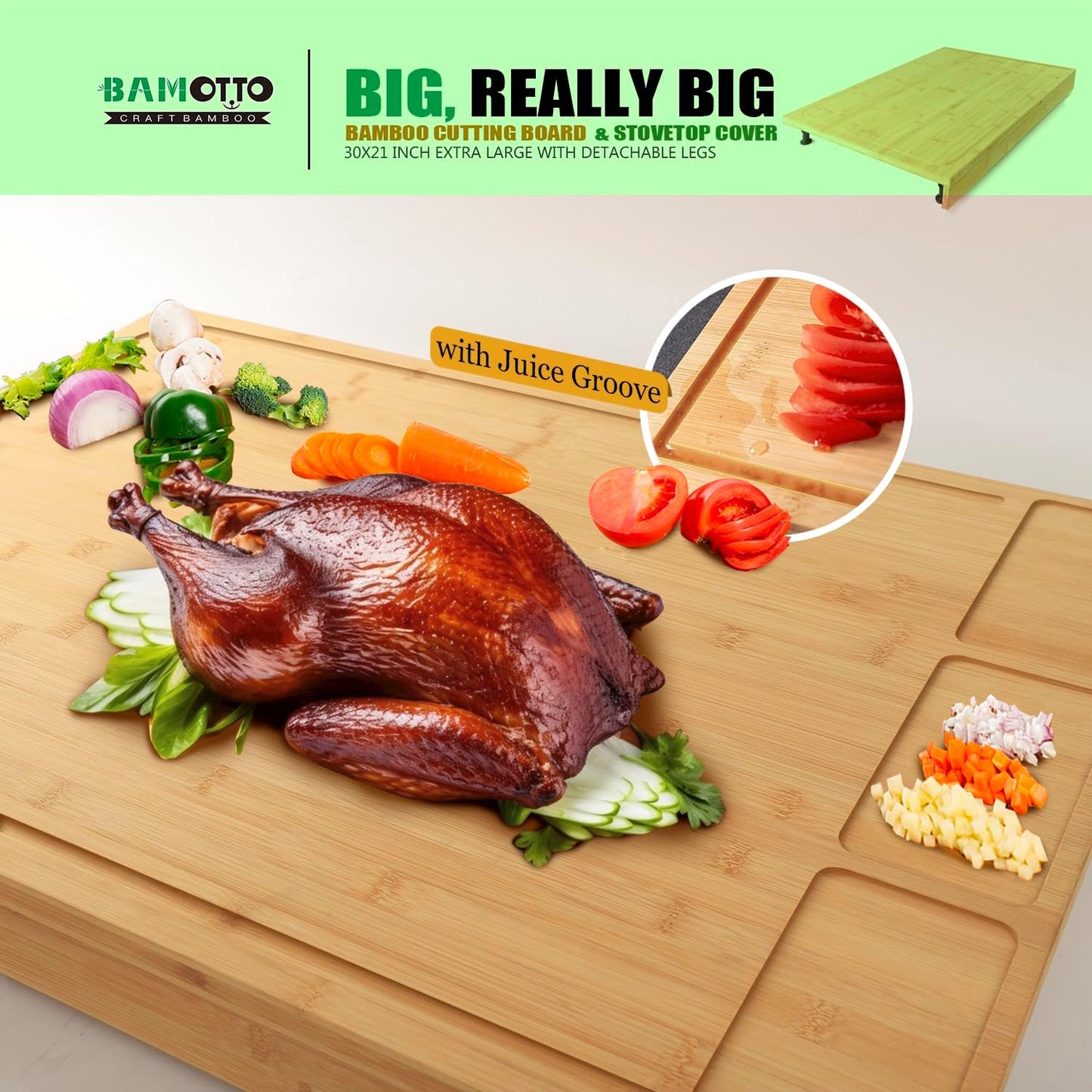 30 X 21 in Extra Large Bamboo Cutting Board and Stovetop Cover, Stove Top Cover Chopping Board with Detachable Legs and Juice Groove, Protector Board for Restaurant Kitchen Counter & Sink