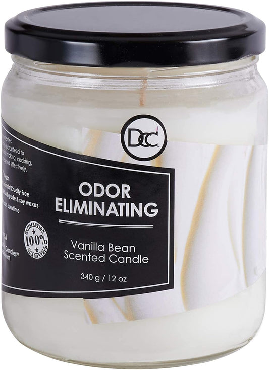 Vanilla Bean Odor Eliminating Highly Fragranced Candle - Eliminates 95% of Pet, Smoke, Food, and Other Smells Quickly - up to 80 Hour Burn Time - 12 Ounce Premium Soy Blend