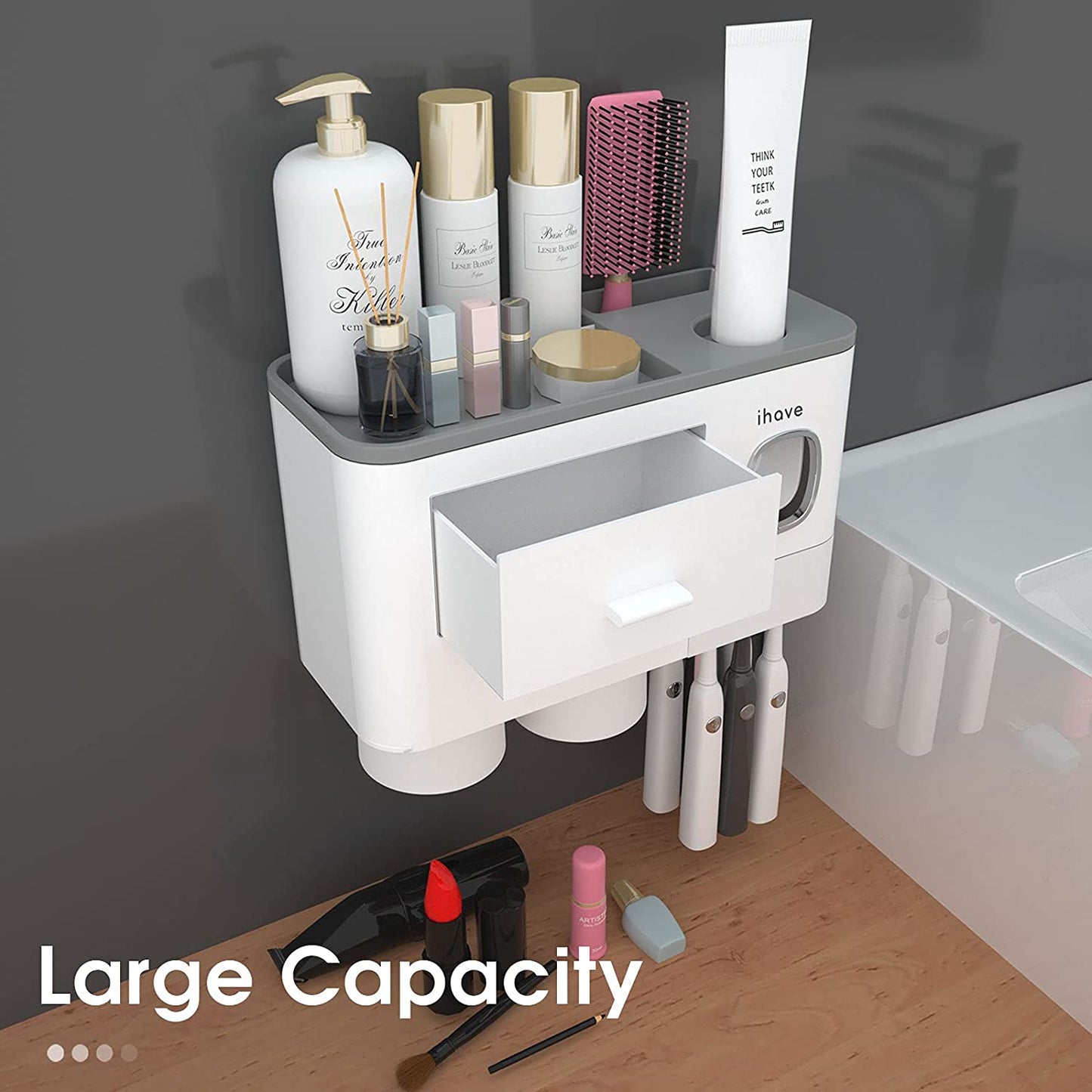 Toothbrush Holders for Bathrooms, 2 Cups Toothbrush Holder Wall Mounted with Toothpaste Dispenser, Large Capacity Tray, Cosmetic Drawer and 6 Brush Slots with Cover Tooth Brush Holder