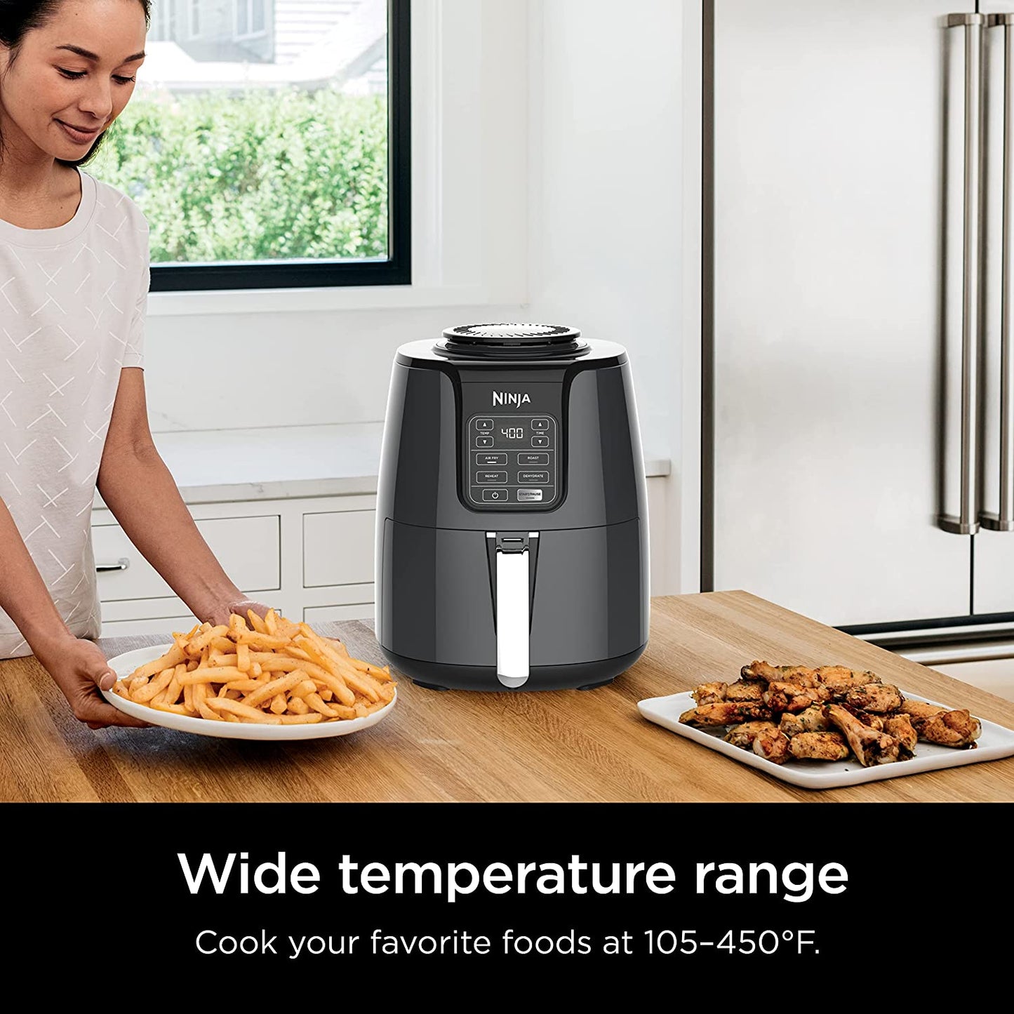 AF101 Air Fryer That Crisps, Roasts, Reheats, & Dehydrates, for Quick, Easy Meals, 4 Quart Capacity, & High Gloss Finish, Black/Grey