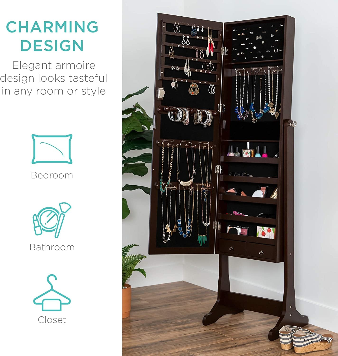 Standing Mirror Armoire, Lockable Jewelry Storage Organizer Cabinet W/ Velvet Interior, 3 Angle Adjustments - Brown