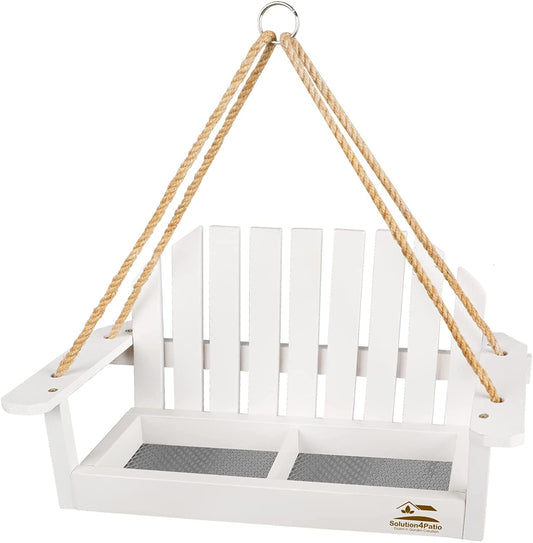 Solution4Patio White Swing Wild Bird Feeder for Outside, Metal Mesh Bottom, Cute Bench Bird Feeder or Squirrel Feeder for Yard, Porch Decoration, Large Capacity, Easy to Fill & Clean, #8455