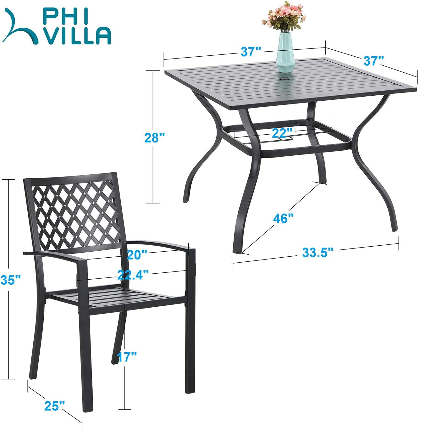 Patio Dining Set Wrought Iron Outdoor Table and Chairs Furniture Set 5 Piece, 37" Square Bistro Table with Umbrella Hole and 4 Backyard Garden Chairs Support 300LBS for Deck, Lawn, Garden