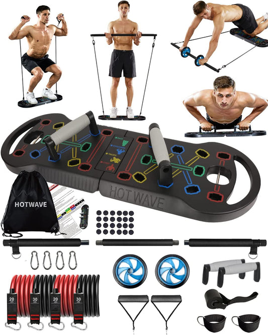 Portable Exercise Equipment with 16 Gym Accessories.20 in 1 Push up Board Fitness,Resistance Bands with Ab Roller Wheel,Full Body Workout at Home,Patent Pending