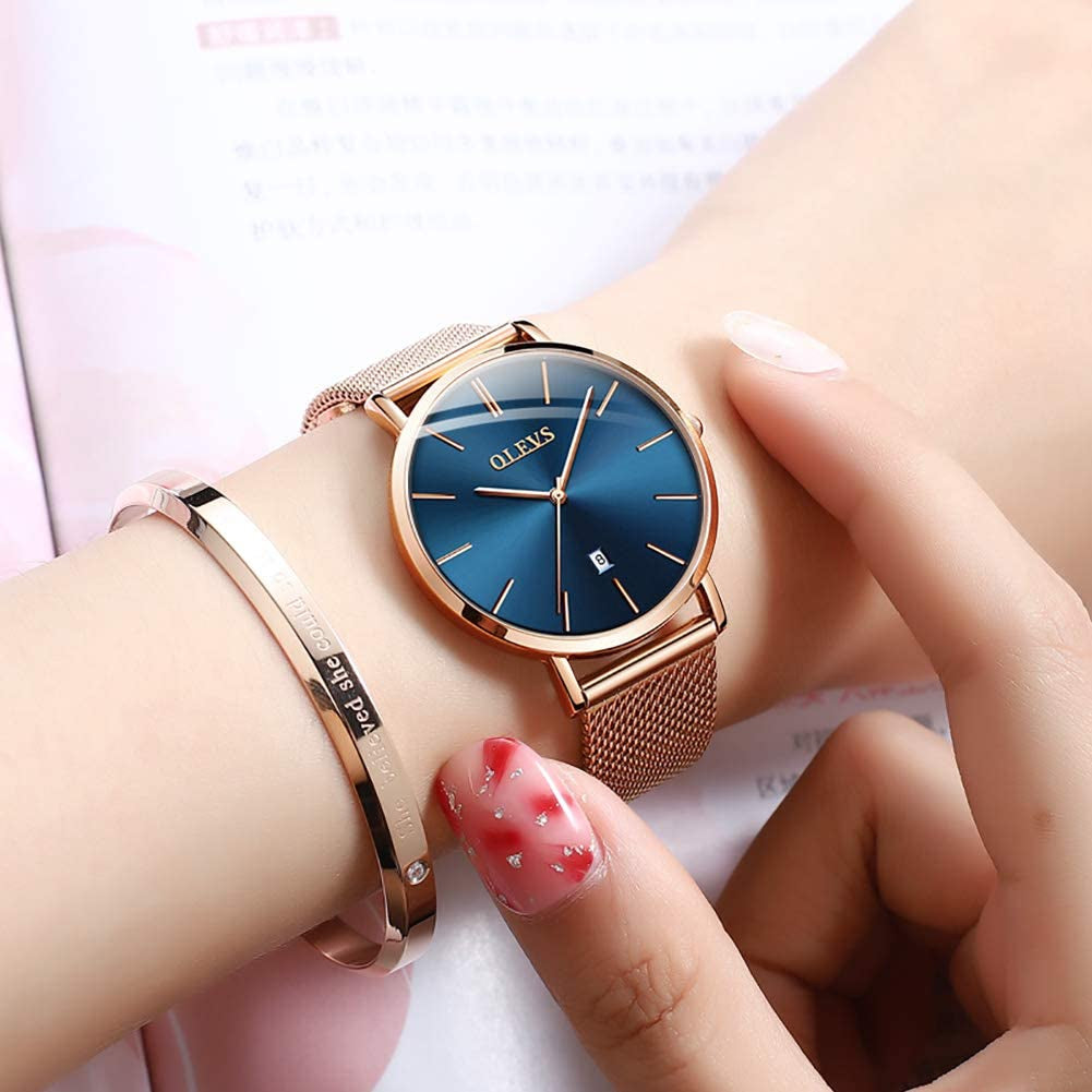 Women'S Casual Wrist Watch, 6.5Mm Ultra Thin Ladies Dress Watch, Small Analog Calendar Easy Read Watch for Women, Large Dial Mesh Bracelet Quartz Watch with Date