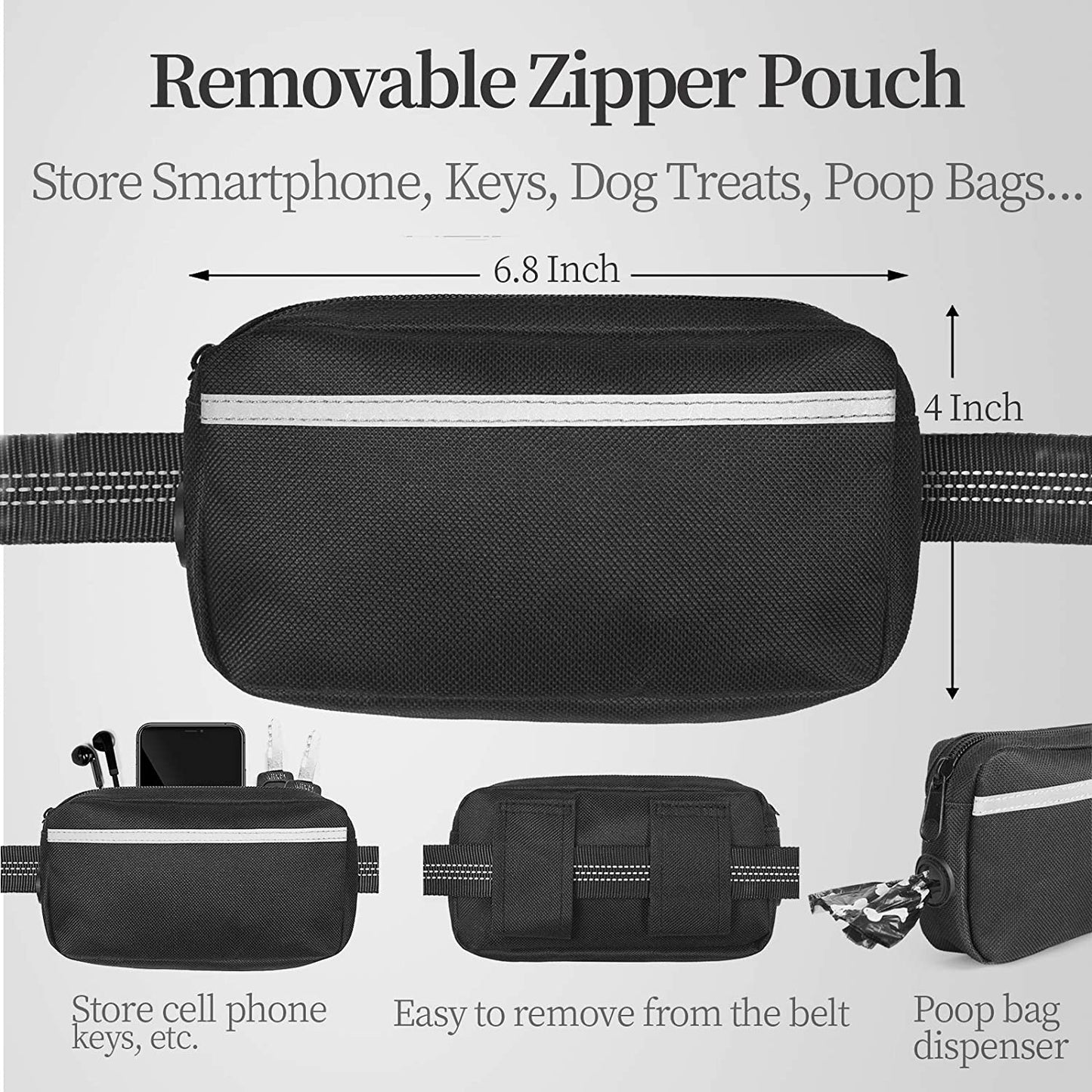 Hands Free Dog Leash with Zipper Pouch, Dual Padded Handles and Durable Bungee for Walking, Jogging and Running Your Dog (Large, 25-120 Lbs, Black)