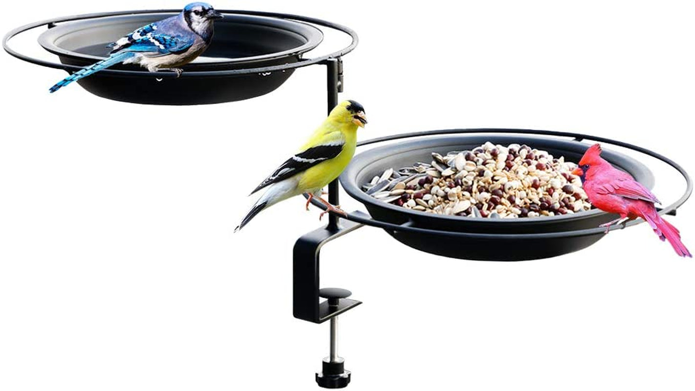 Urban Apartment Deck Rail Bird Feeder & Bird Bath, Balcony Platform Removable Metal Tray 8" Dia, Not Blowing Away, Adjustable Clamp Bracket #G-B124A00-US