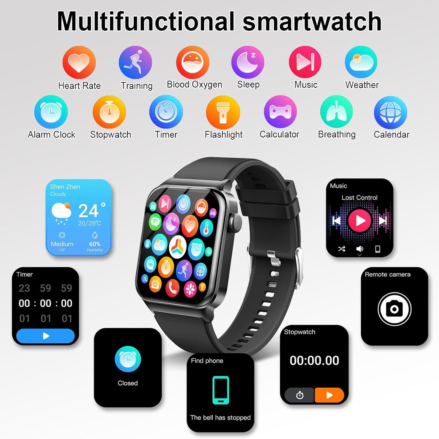 Smart Watch for Men Women, 1.85" Smartwatch (Answer/Make Call), IP68 Waterproof Fitness Tracker, 100+ Sport Modes, Heart Rate Monitor, Sleep Monitor, Pedometer, Smartwatches for Android Ios, Black