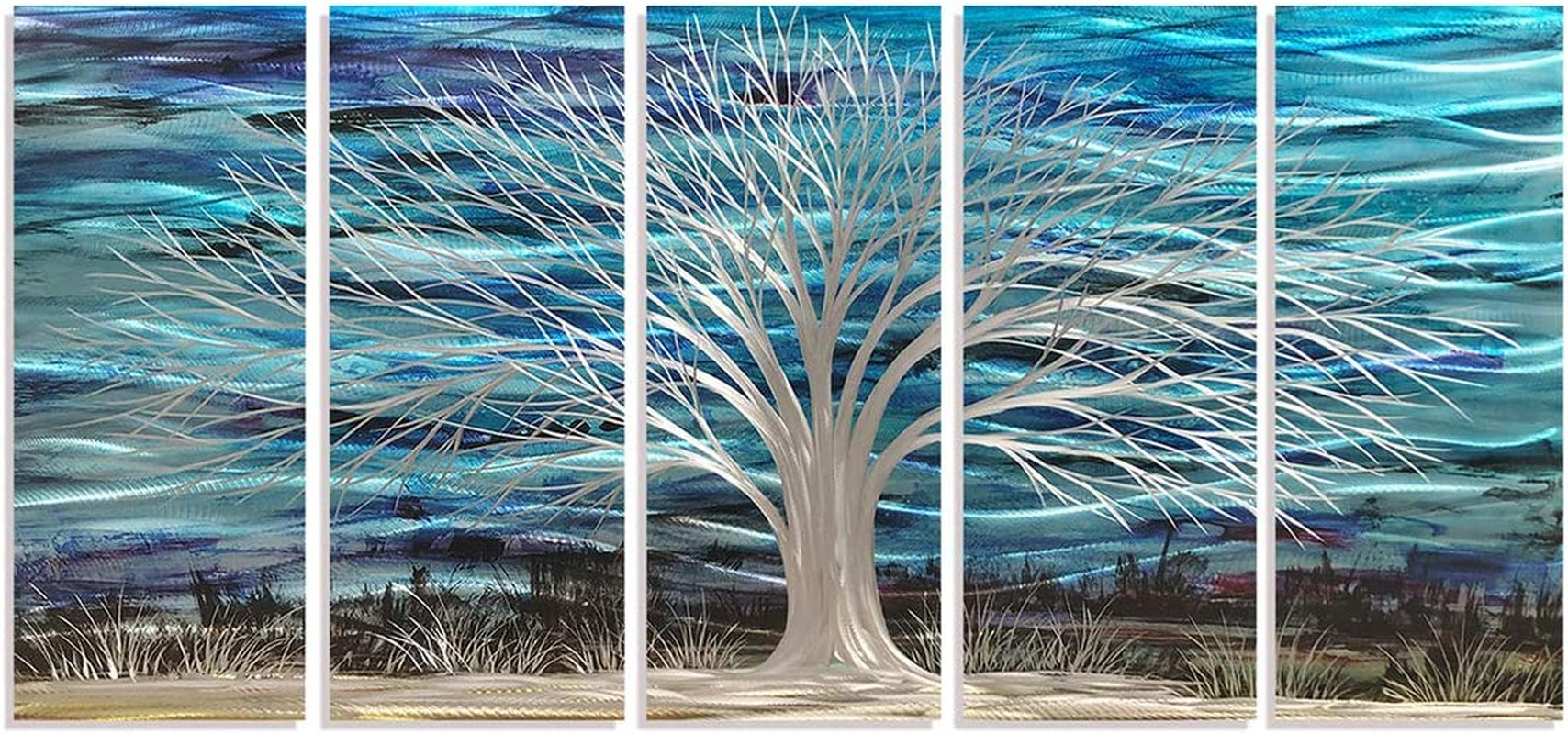 Blue Metal Wall Art Large Modern Artwork 3D Horizontal Sculpture with Bright Silver Tree on Aluminum Abstract Wall Decor 5 Panels Blue Accents for Living Room Bedroom Dining Room Office