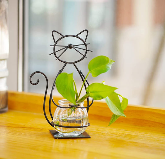 Desktop Glass Planter Vase Holder, Metal Cat Plant Terrarium Stand for Plants Creative Decorations for Home Patio Lawn Garden