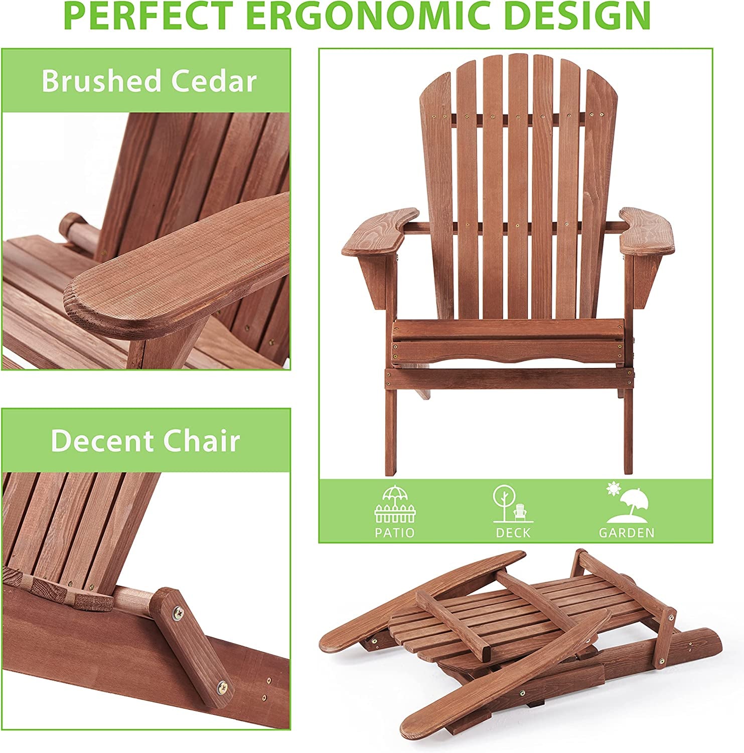 Outdoor Wooden Folding Adirondack Chair Set of 2 with Pre-Assembled Backrest, Wood Patio Chair for Garden Backyard Porch Pool Deck Firepit