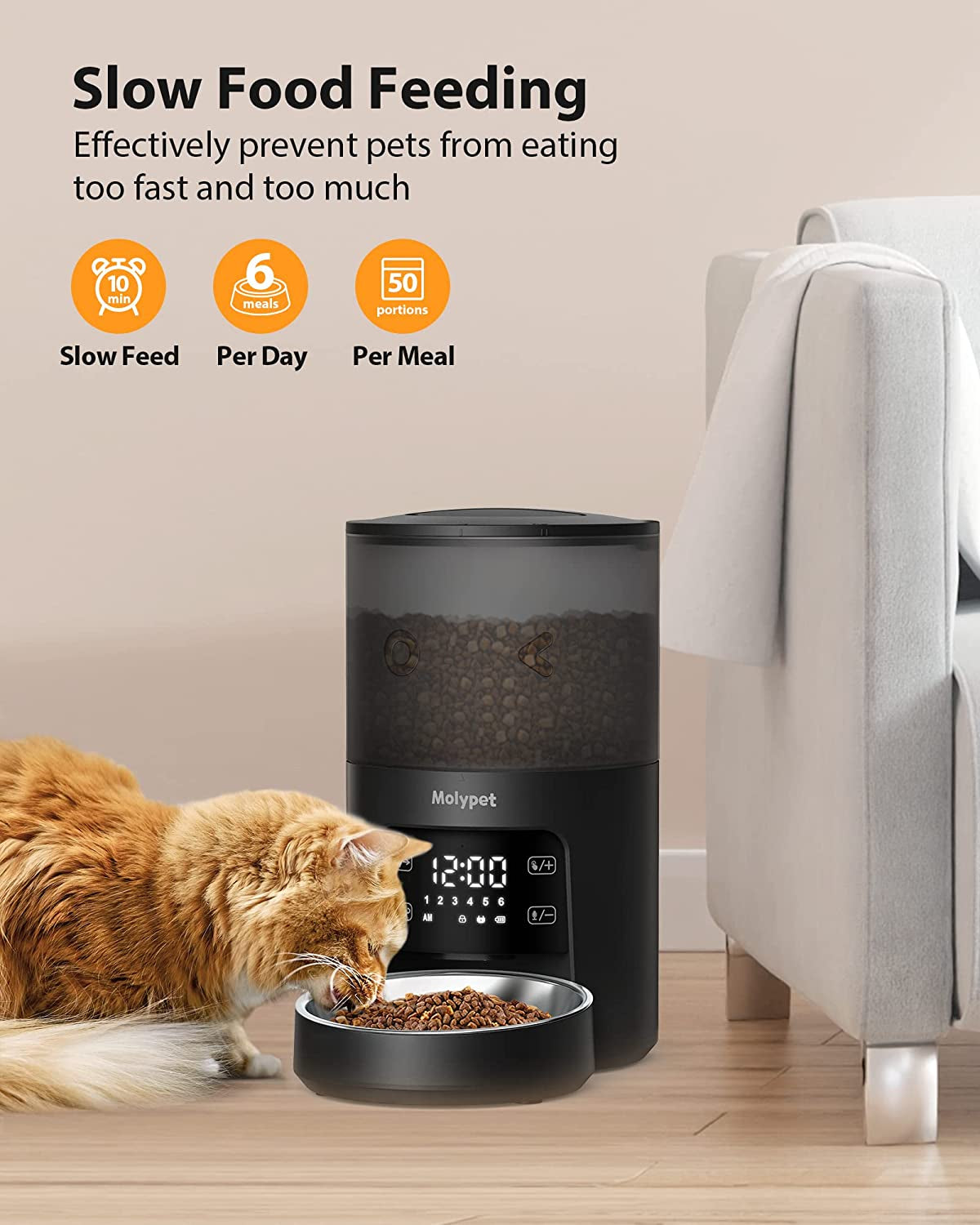 Automatic Cat Feeders with Timer - 4L Cat Food Dispenser of 6 Meals with 10S Voice Recorder and Desiccant Bag, Support Dual Power for Cats and Dogs