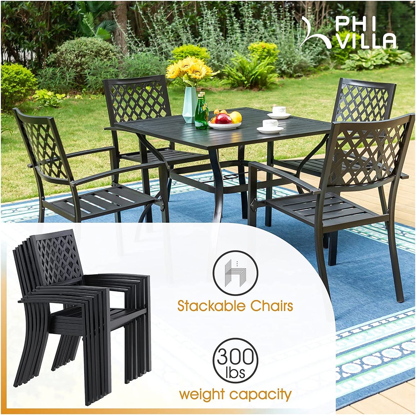 Patio Dining Set Wrought Iron Outdoor Table and Chairs Furniture Set 5 Piece, 37" Square Bistro Table with Umbrella Hole and 4 Backyard Garden Chairs Support 300LBS for Deck, Lawn, Garden