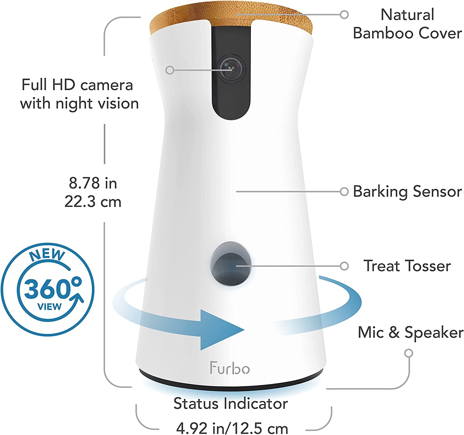 Furbo 360° Dog Camera: [New 2022] Rotating 360° View Wide-Angle Pet Camera with Treat Tossing, Color Night Vision, 1080P HD Pan, 2-Way Audio, Barking Alerts, Wifi, Designed for Dogs