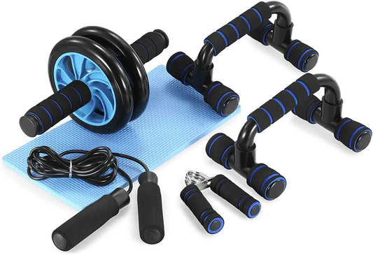 AB Wheel Roller Kit with Push-Up Bar, Knee Mat, Jump Rope and Hand Gripper - Home Gym Workout for Men Women Core Strength & Abdominal Exercis
