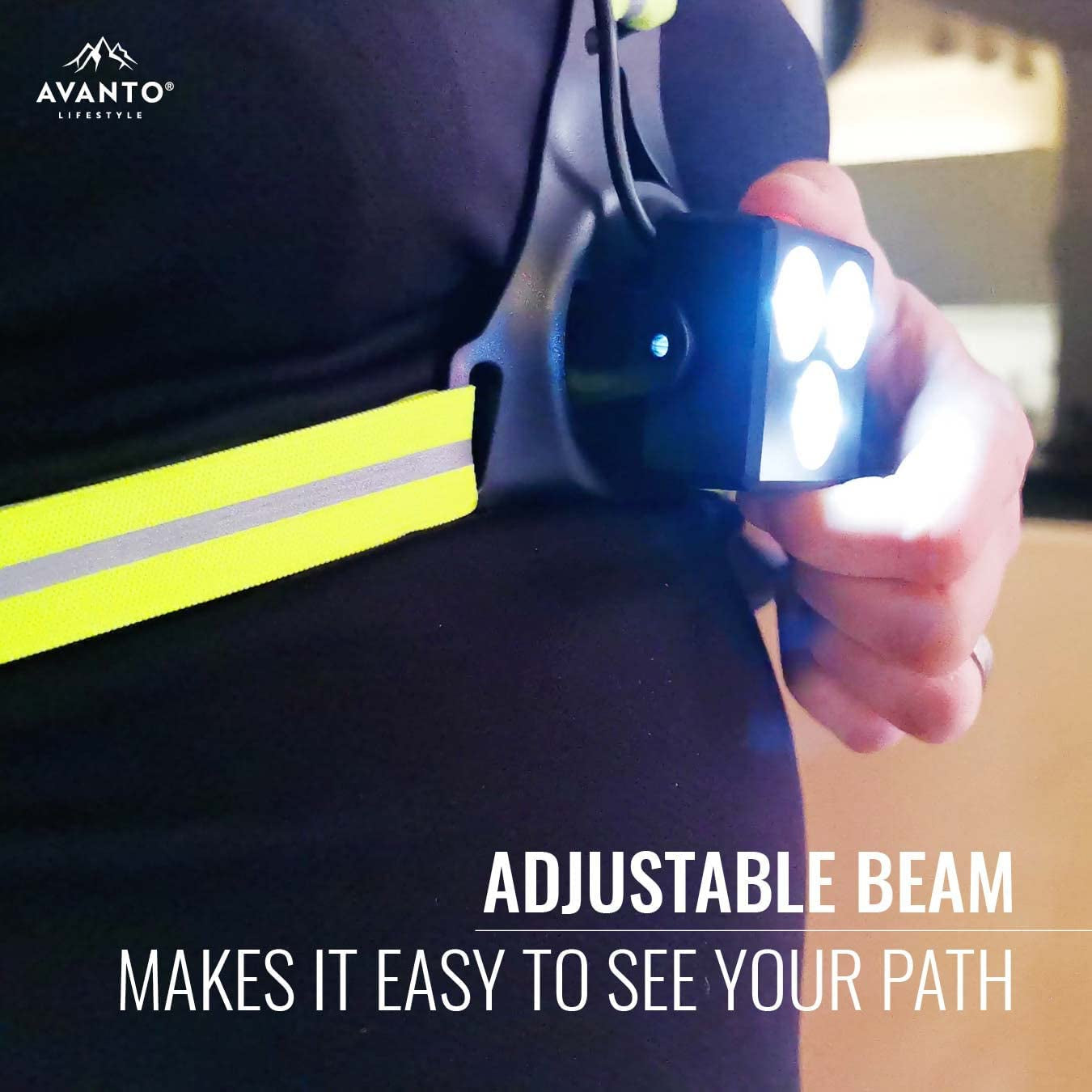 AVANTO Triple Beam Chest Light, Original, 500 Lumen Outdoors LED Night Running Lights for Runners and Joggers, Dog Walkers, Long 5-7H Usetime, Strong USB Rechargeable 2200Mah Battery, Reflective Vest