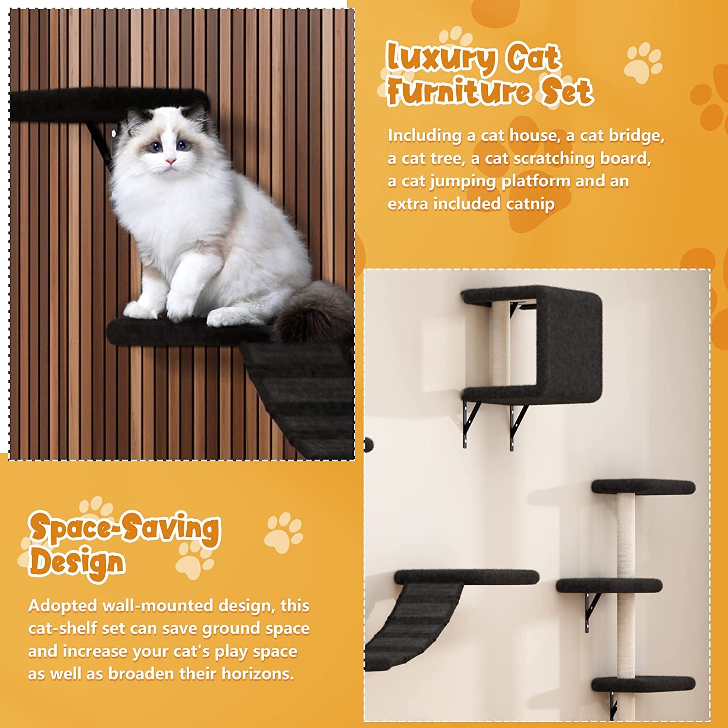 Wall Mounted Cat Furniture, Cat Wall Shelves Set of 5 with Cat Tree, Cat Perch, Cat Scratcher, Cat Bridge and Cat Condo, Gray (Black)