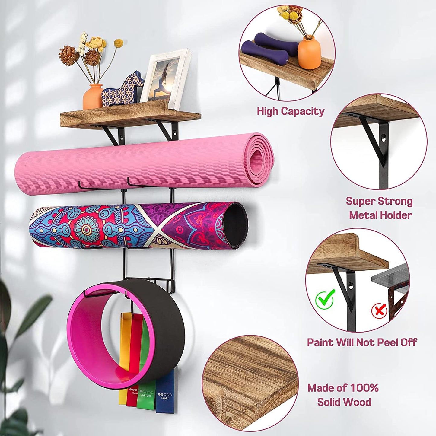 Yoga Mat Holder Wall Mount Yoga Mat Storage Home Gym Accessories with Wood Floating Shelves and 4 Hooks for Hanging Foam Roller and Resistance Bands Fitness Home Gym