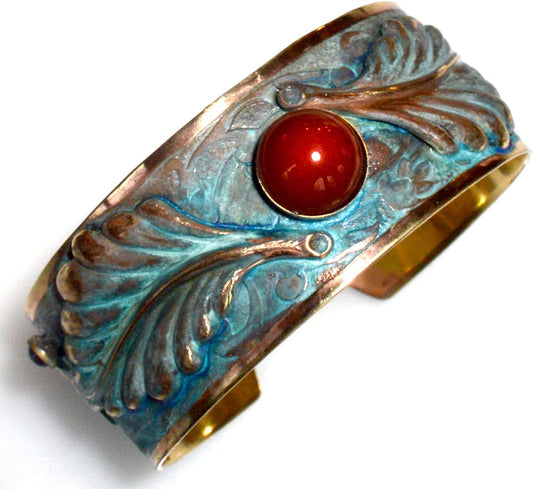 Elaine Coyne Wearable Art Verdigris Patina Brass Flowing Leaves Cuff Bracelet with Semi-Precious Stones