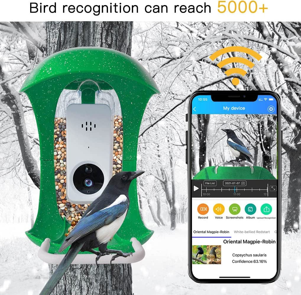 Smart Bird Feeder with Camera, AI Recognition and Bird Sensing, Smart Wild Bird Feeder with APP Connected to 2.4G Wifi, Bird House Bird Feeder with Built-In Microphone, Green