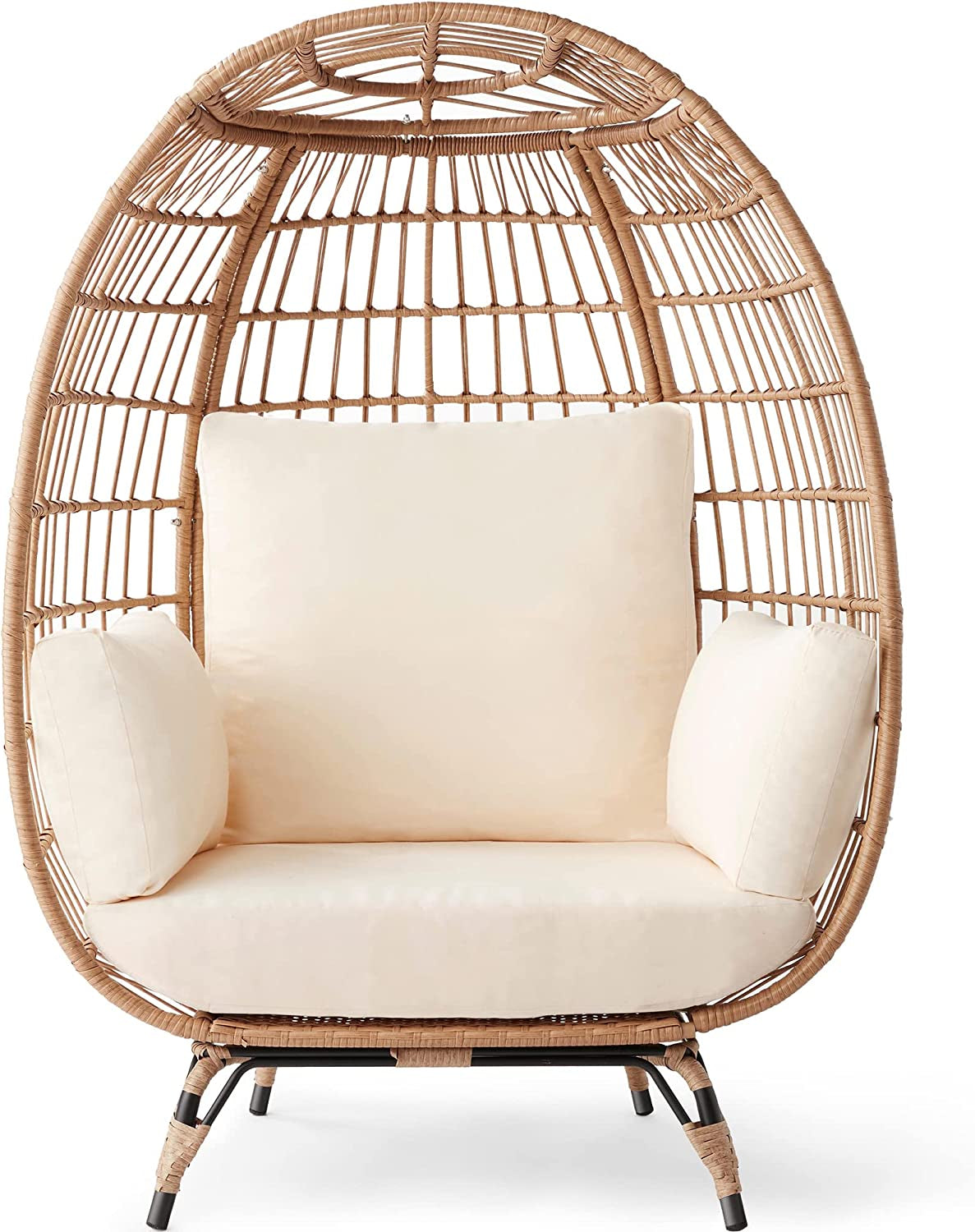 Wicker Egg Chair, Oversized Indoor Outdoor Lounger for Patio, Backyard, Living Room W/ 4 Cushions, Steel Frame, 440Lb Capacity - Ivory