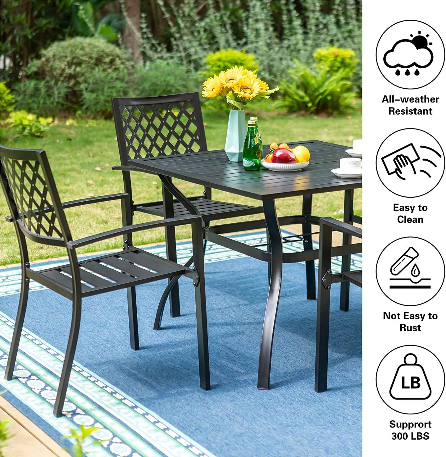 Patio Dining Set Wrought Iron Outdoor Table and Chairs Furniture Set 5 Piece, 37" Square Bistro Table with Umbrella Hole and 4 Backyard Garden Chairs Support 300LBS for Deck, Lawn, Garden