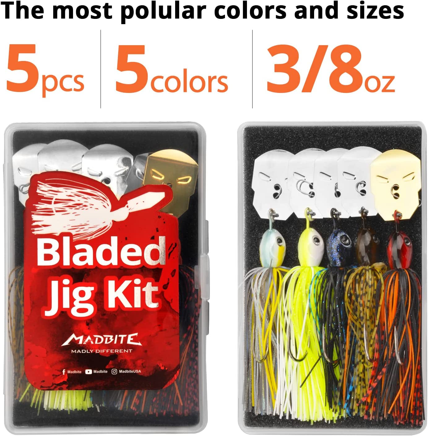 Bladed Jig Fishing Lures, 5 Pc and 3 Pc Multi-Color Kits, Irresistible Vibrating Action, Sticky-Sharp Heavy-Wire Needle Point Hooks, Popular 3/8 Oz and 1/2 Oz Sizes, Includes Storage Box