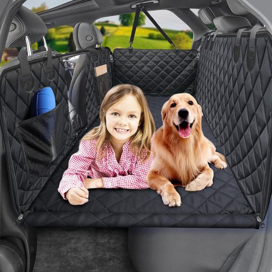 Back Seat Extender for Dogs, Dog Car Seat Cover with Hard Bottom Dog Car Seat Bed Waterproof Dog Hammock for Car Pet Backseat Protector with Mesh Window and Storage Pocket for Car, SUV