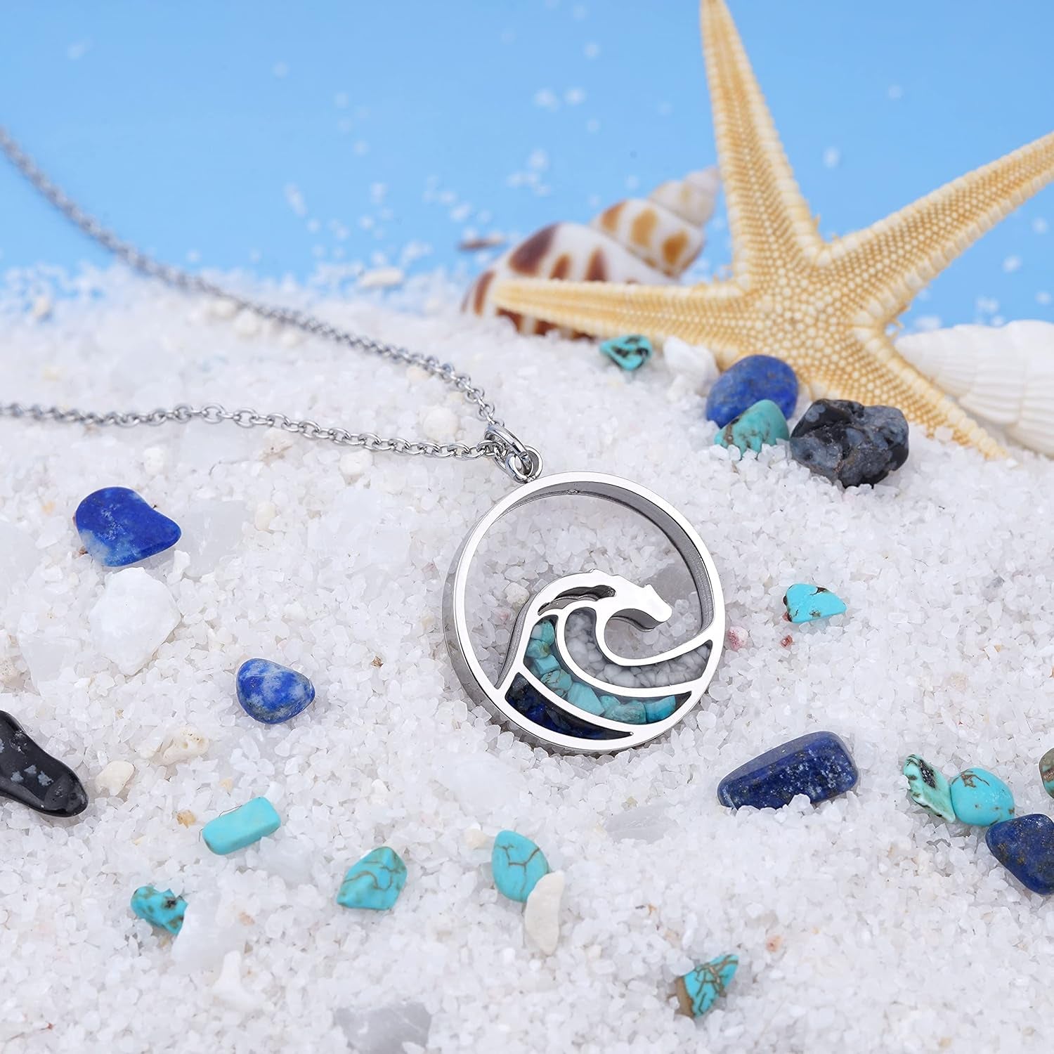 Turquoise Wave Necklace for Women Tumbled Gemstone Chips Pendant Necklace Dainty Ocean Wave Necklaces for Women Girls Surfer Beach Jewelry Gifts
