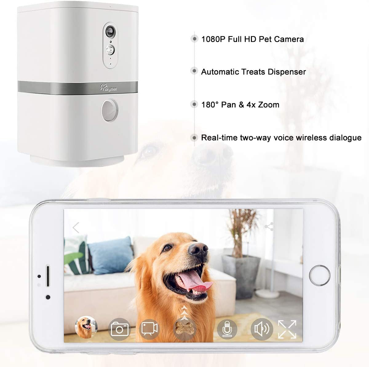 SKYMEE Petalk AI II Dog Camera Automatic Treat Dispenser, Wifi Full HD Pet Camera with 180° Pan Full-Room View,Night Vision,Two Way Audio for Dogs and Cats,Compatible with Alexa (2.4G Wifi Only)