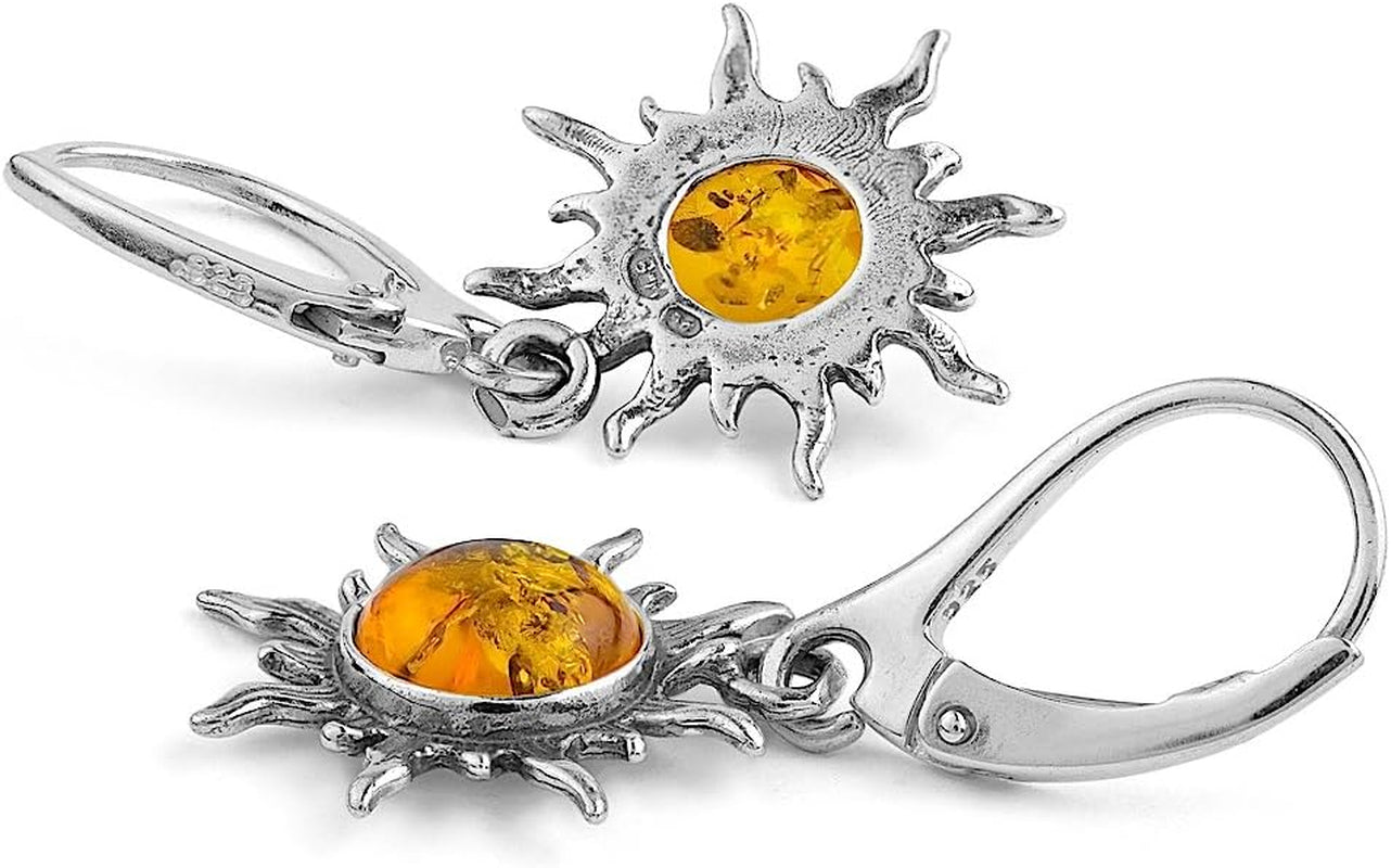 Amber Sterling Silver Flaming Sun Leverback Earrings