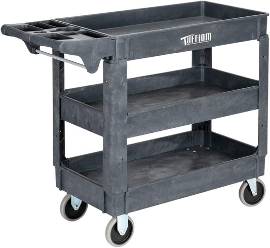 Plastic Service Utility Cart, Support up to 550Lbs Capacity, Heavy Duty Tub Storage Cart W/Deep Shelves, Multipurpose Rolling 3-Tier Mobile Storage Organizer, for Warehouse Garage