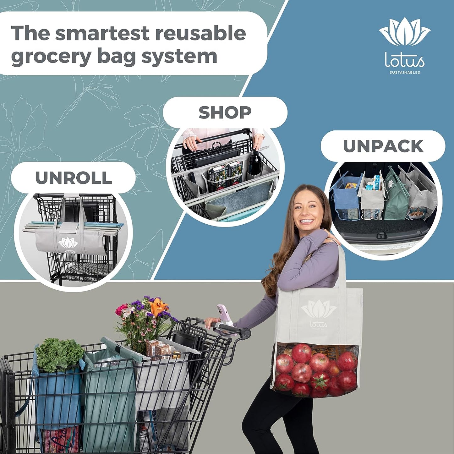 Grocery Store Reusable Easy Cart and Pack Set of 4 -W/Lrg COOLER Bag & Egg/Wine Holder! Reusable Grocery Cart Bags Sized for USA. Washable Eco-Friendly 4-Bag Grocery Tote. (Earth Tones)