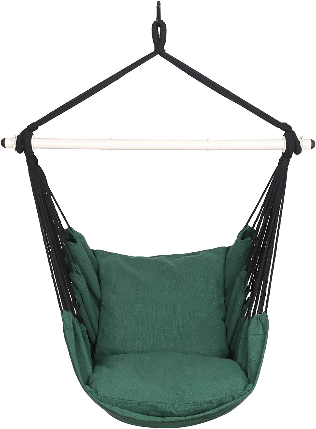 Hammock Chair Hanging Rope Swing - Max 500 Lbs - 2 Cushions Included - Steel Spreader Bar with Anti-Slip Rings - for Any Indoor or Outdoor Spaces (Green)