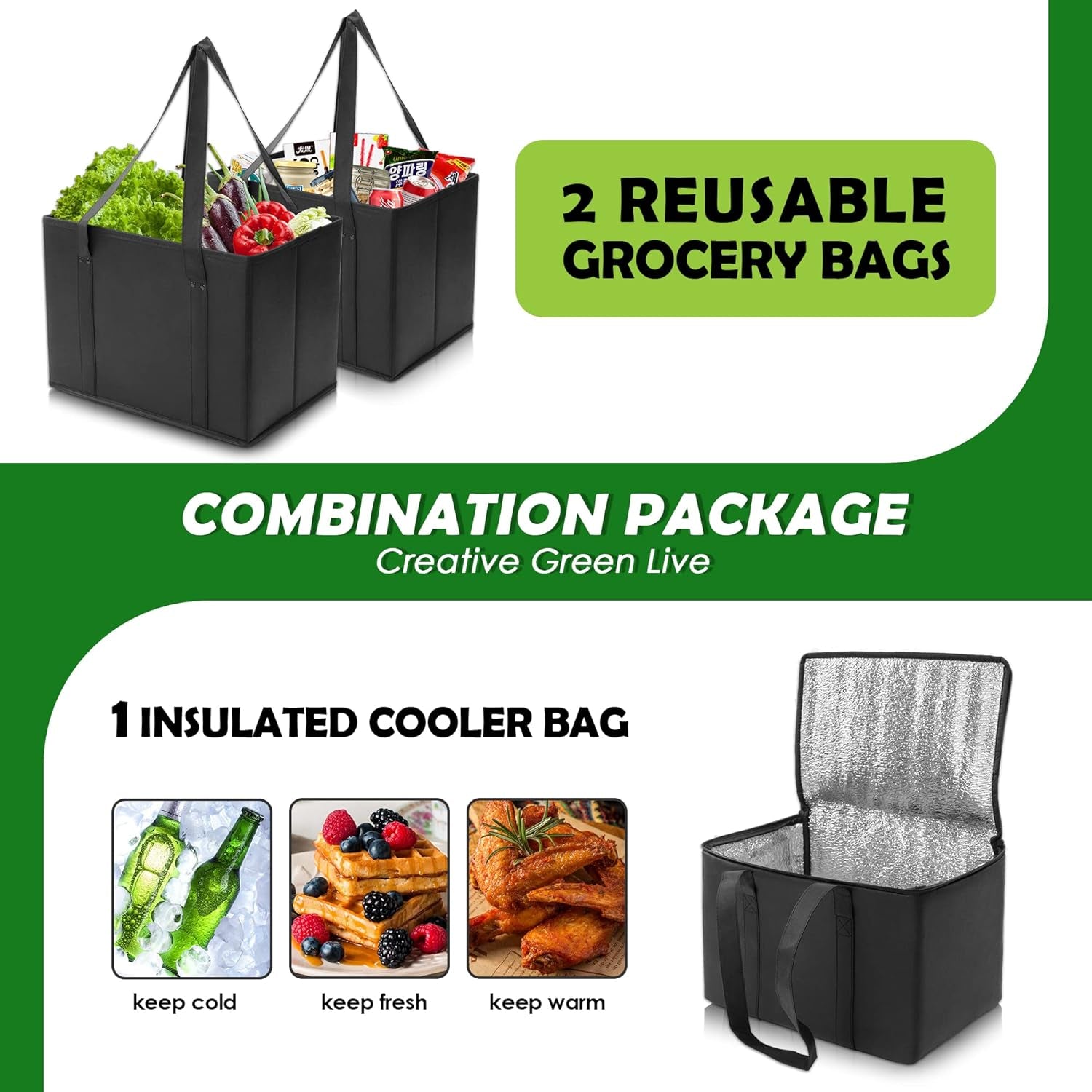 3 Pack Reusable Grocery Bags, Foldable Washable Insulated Shopping Bags for Groceries, Heavy Duty with Reinforced Bottom & Handles (2 Grocery Tote Bags + 1 Insulated Cooler Bag)