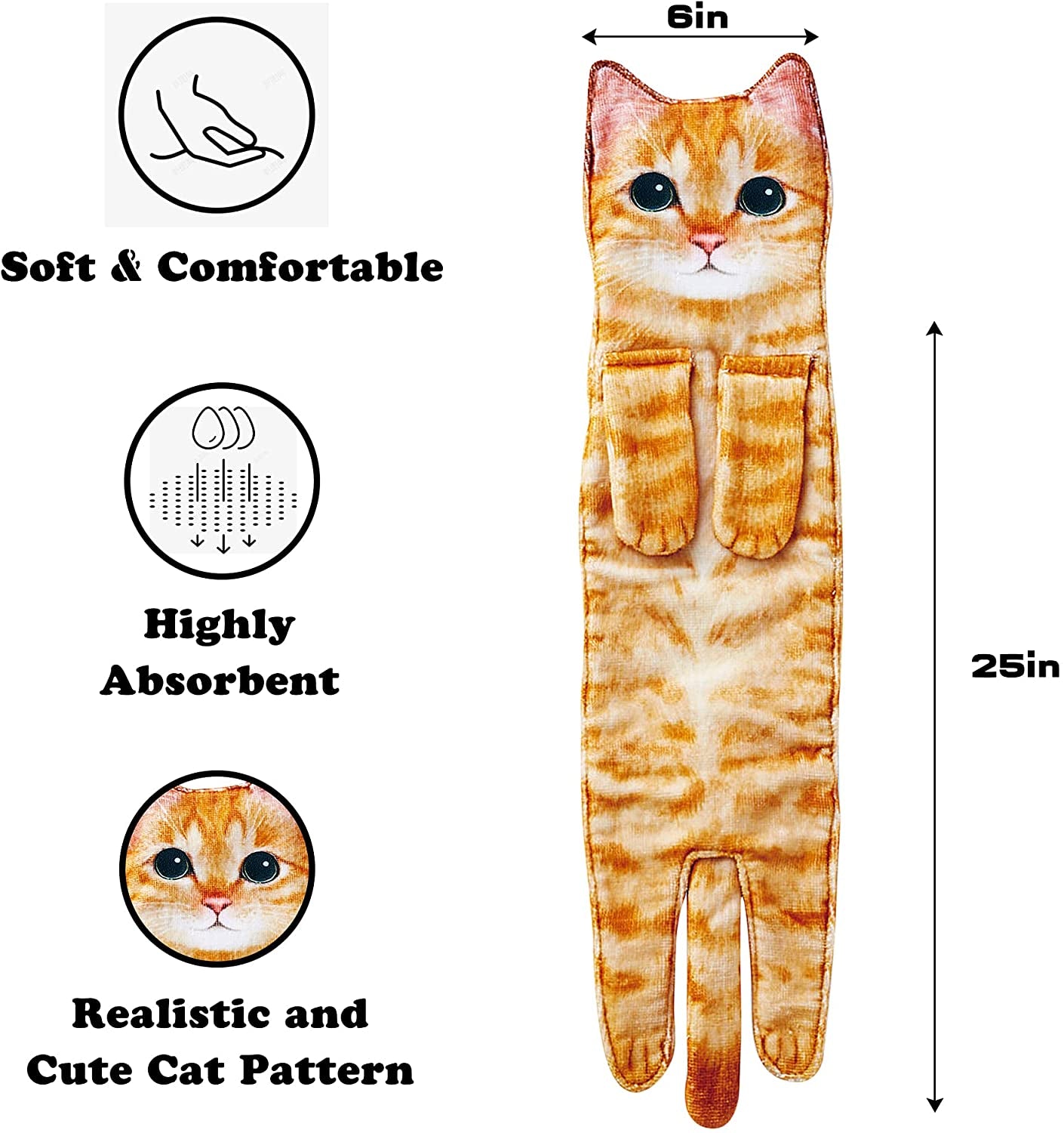 Cat Funny Hand Towels for Bathroom Kitchen - Cute Decorative Cat Decor Hanging Washcloths Face Towels Super Absorbent Soft- Housewarming Gift for Cat Lovers - Orange