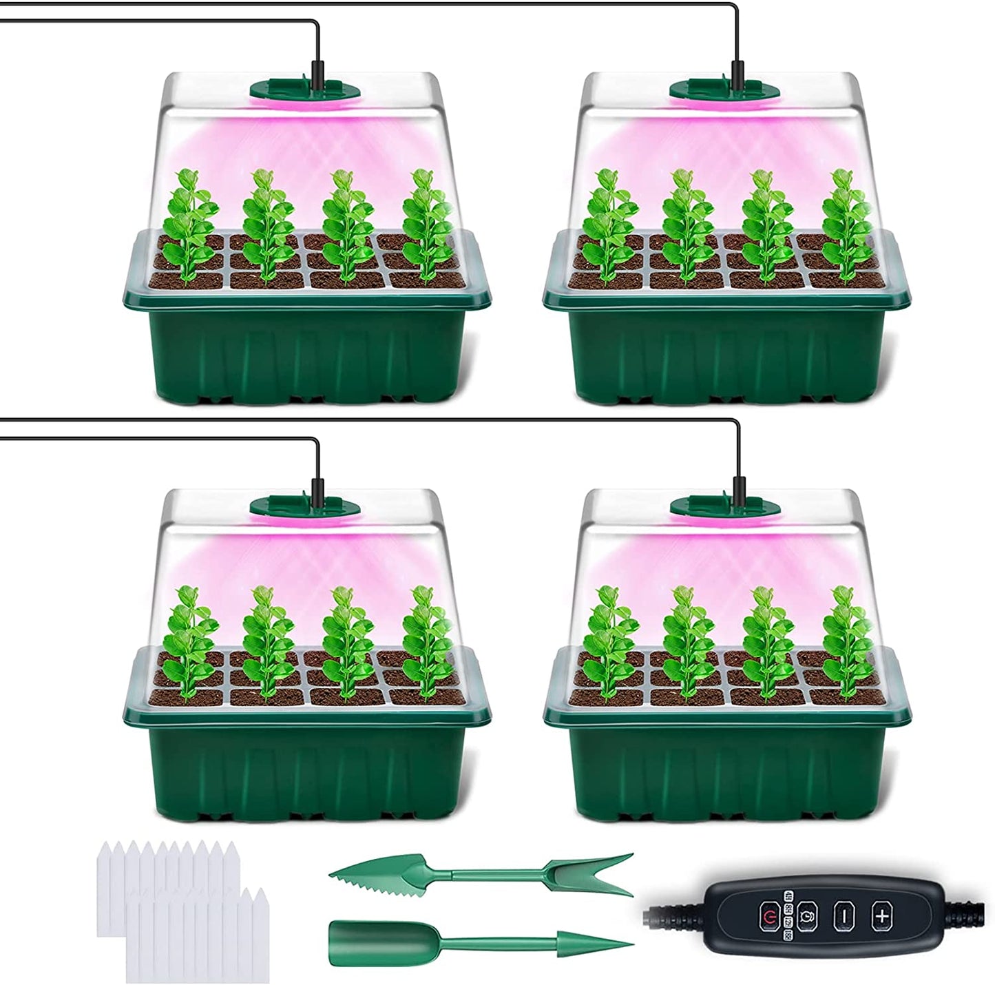 Seed Starter Tray with Grow Light, 4 Pack Seed Starter Kit with Timing Controller Adjustable Brightness, Thicken Seedling Starter Trays with Humidity Domes Heightened Lids, Gift Box