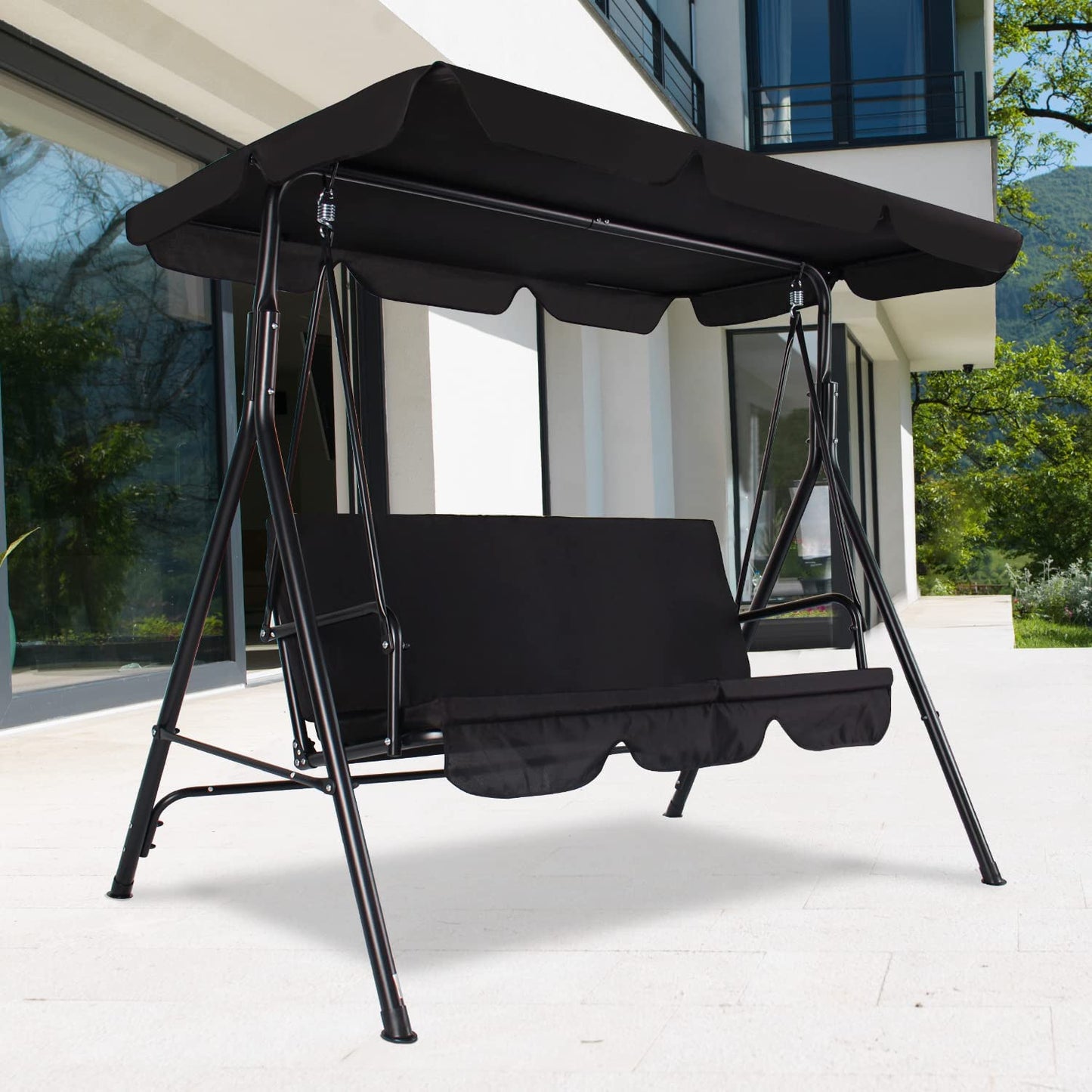 3-Seat Patio Swing Chair,Outdoor Porch Swing with Adjustable Canopy and Durable Steel Frame for Patio, Garden, Poolside (Black)