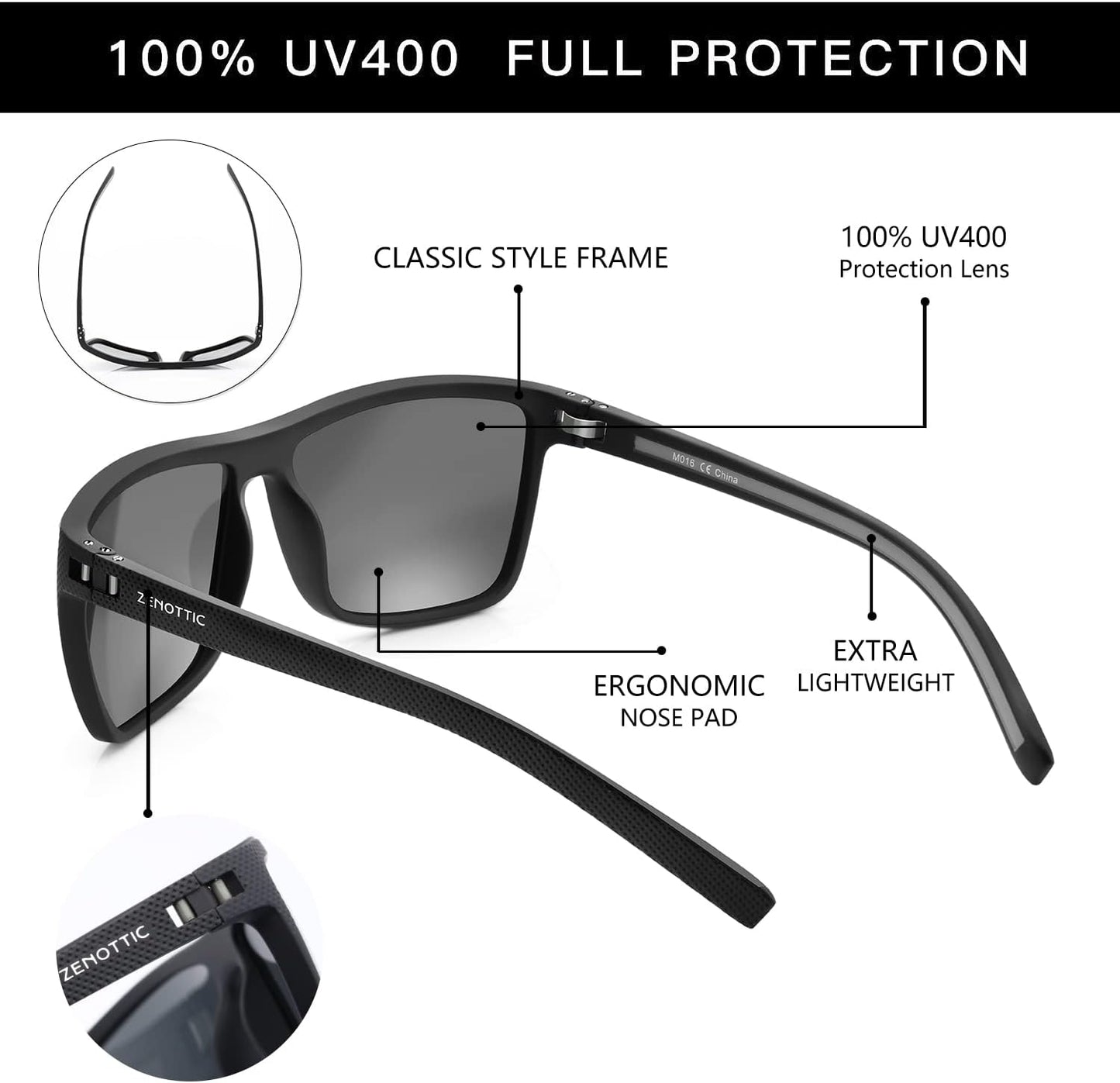 Polarized Sunglasses for Men Lightweight TR90 Frame UV400 Protection Square Sun Glasses