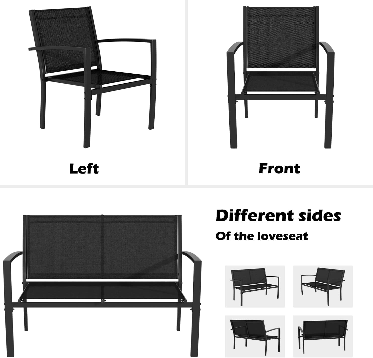 4 Pieces Patio Furniture Set, Outdoor Conversation Sets for Patio, Lawn, Garden, Poolside with a Glass Coffee Table, Black