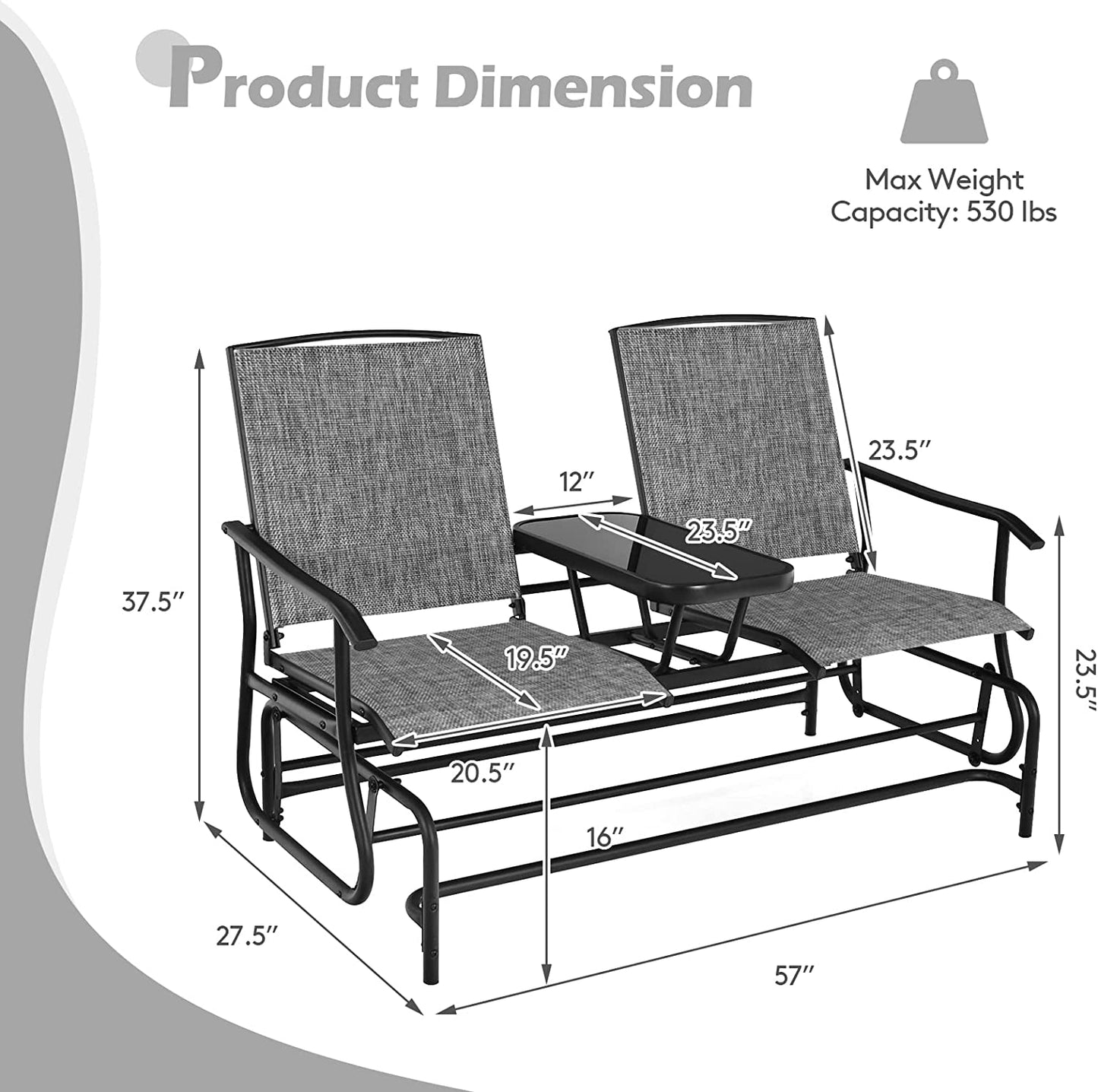 2 Person Swing Glider Chair, Patio Rocking Loveseat W/Center Tempered Glass Table, Outdoor Swing Bench W/Steel Frame & Breathable Mesh Fabric for Porch, Balcony, Poolside (Grey)