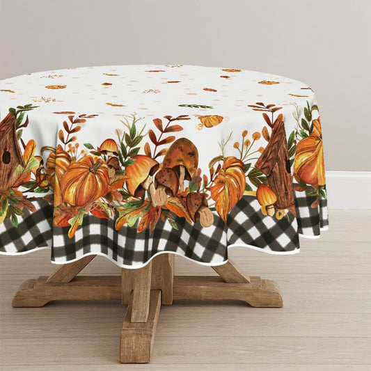 Fall Tablecloth 70X70 Inch Round, Thanksgiving Autumn Harvest Pumpkin Mushroom Black Buffalo Plaid Table Cover for Party Picnic Dinner Decor