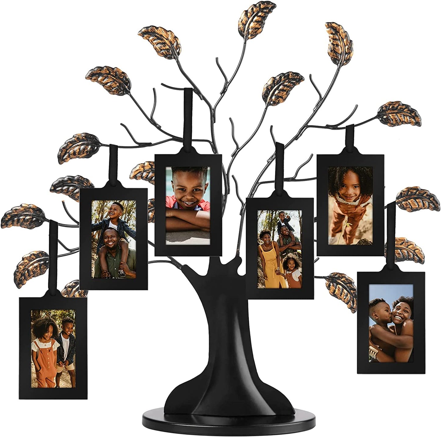 12" Metal Family Tree with 6 Hanging Mini Picture Frames for Wallet Size 2" X 3" Photos with Bronze Colored Leaves and Ribbon Tassels - Tree Photo Holder Gift - Black