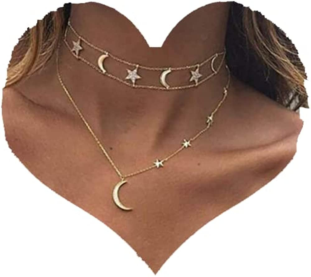 Bohemia Gold Moon and Stars Necklace for Women Fashion Gold Choker Necklace Delicate Moon Stars Jewelry for Women and Girls