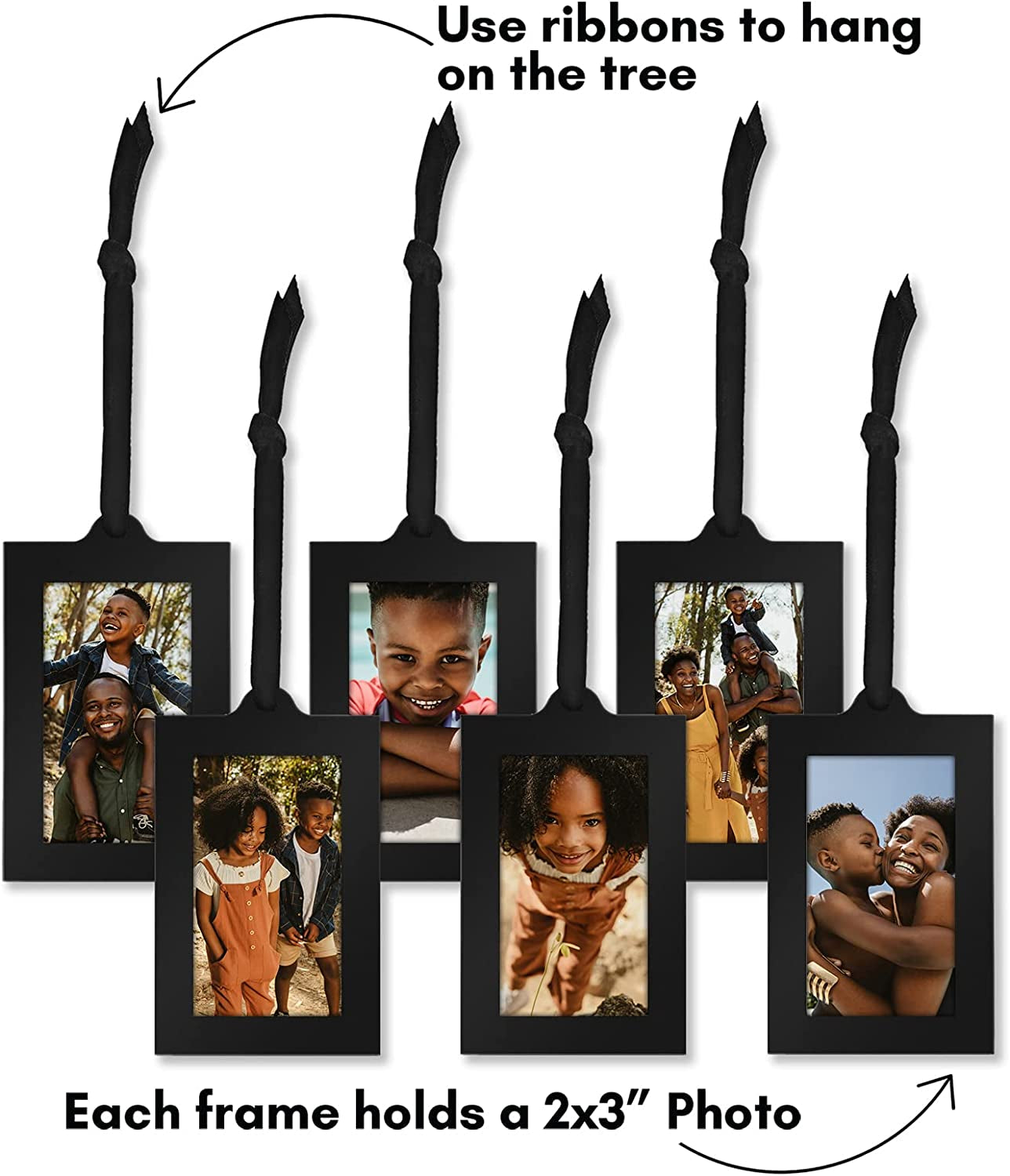 12" Metal Family Tree with 6 Hanging Mini Picture Frames for Wallet Size 2" X 3" Photos with Bronze Colored Leaves and Ribbon Tassels - Tree Photo Holder Gift - Black